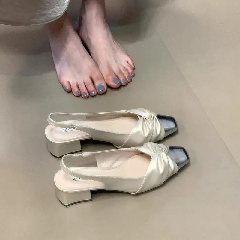 

New Arrival Women's Dress Heels - Chunky Heel, Bowknot Decor, French Style, Square Toe, Demi-Sandal Design