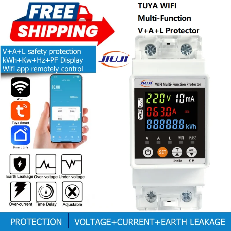 

TUYA WIFI protector JJMVPD-63LWS Smart Switch Energy Meter Kwh Meter 63A Circuit Breaker Timer with voltage current and leakage