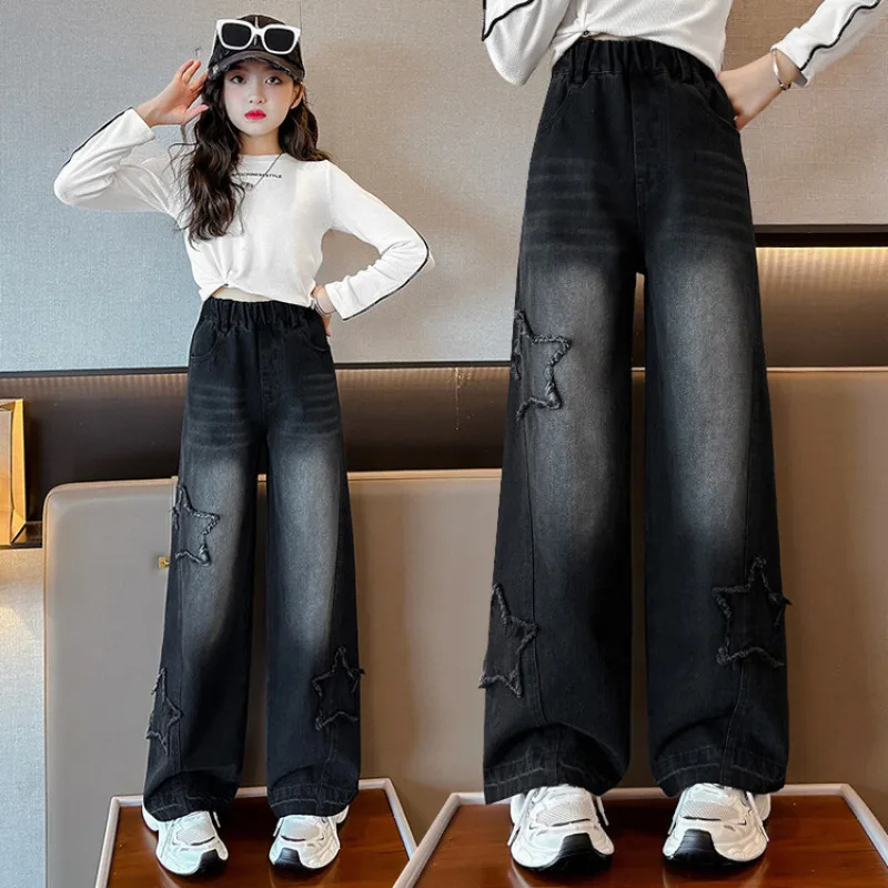 Girls Jeans Spring Autumn Kids Retro High Waist Wide Leg Straight Pants Children Elastic Waist Star Pattern Cowboy Trousers