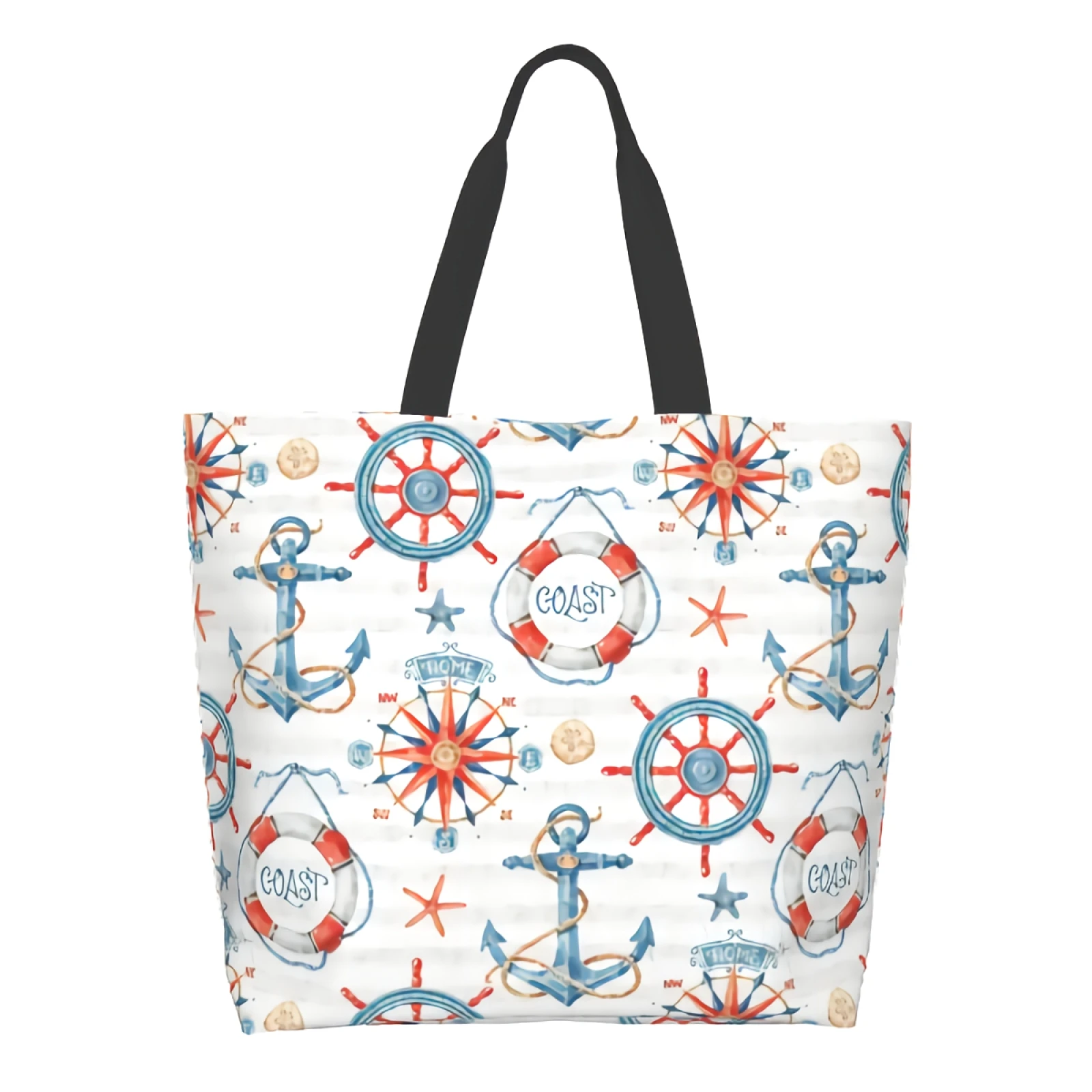 Vintage Blue Nautical Anchor Ships Helms Life Rings Map Circle Compass Canvas Tote Bag for Women Weekend Kitchen Grocery Bag