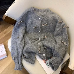 Kawaii Gray Bow Sweater Women Knitted Cardigan Aesthetic Vintage O-Neck Long Sleeve Knitwear Jumper Mori Girl Korean Y2K Tops