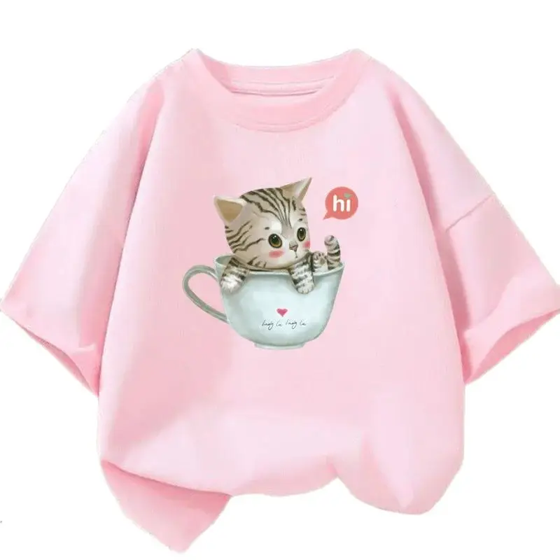 Cute Cat  T-shirt in Cup Summer Short Sleeve Casual Tees Girls Top Kids Kawaii Clothing