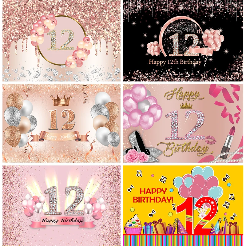 12th Party Banner Background Bat Mitzvah 12 Decorations Girl Twelve Years Old Birthday Glitter Diamond Balloons Photo Backdrop