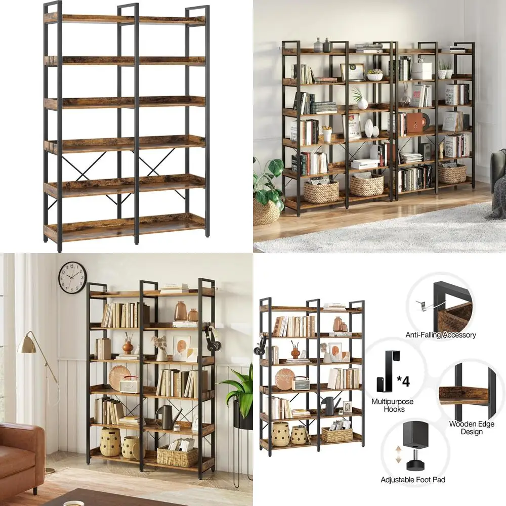 

6-Tier 67 Vintage Industrial Wooden Bookcase with 4 Hooks, Rustic Open Shelving Storage Rack