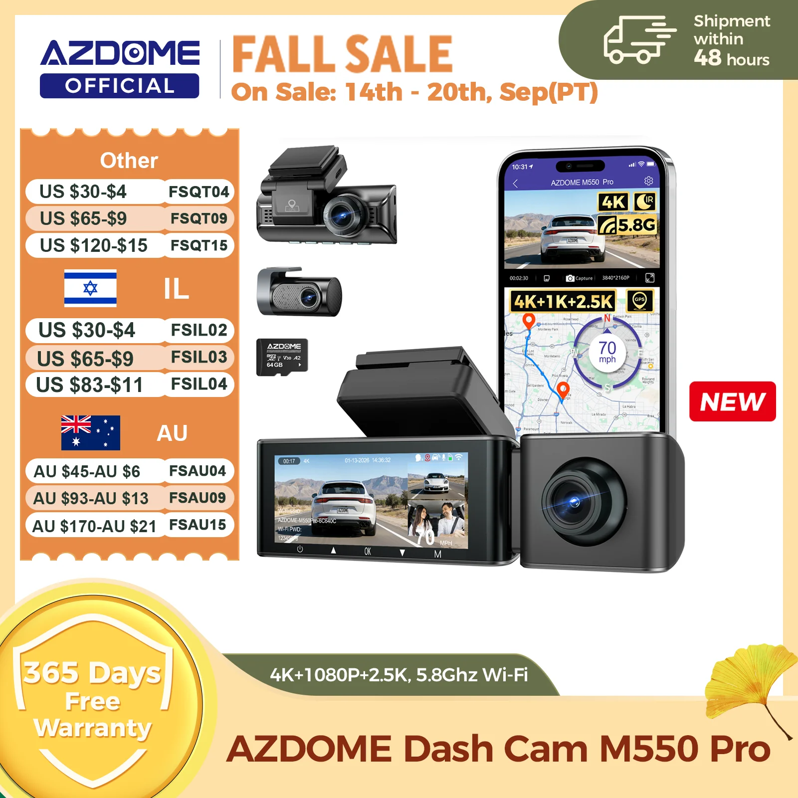 AZDOME M550 Pro ダッシュカム 車 DVR 5.8Ghz WiFi 3.19インチ IPS 2 または 3 チャンネル ダッシュカメラ GPS ナイトビジョン デュアル 4K+1080P 駐車モニター