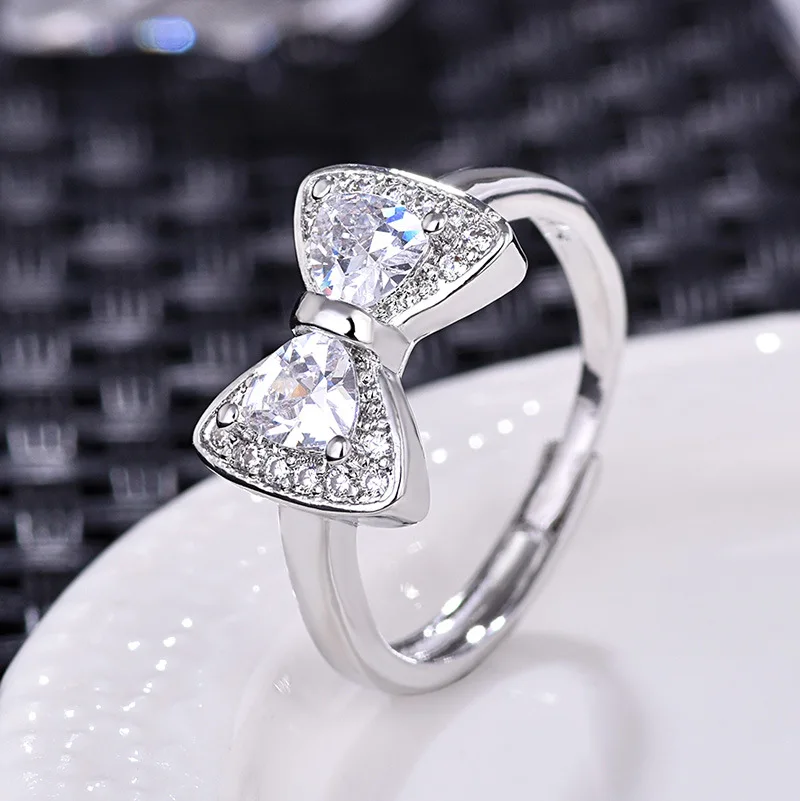 925 Sterling Silver Cute Bowknot Crystal Rings For Women Girls Wedding Engagement Valentines Day Gift Fashion Jewelry Wholesale