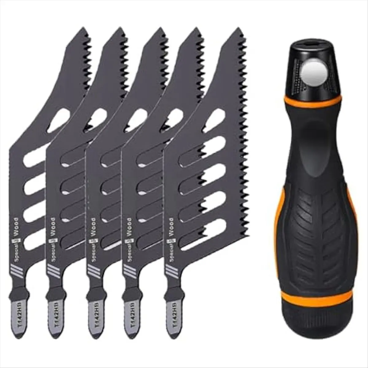 New 5Pcs Flush Cutting Jigsaw High Carbon Steel Irregular Curve Saw Blades with Handle for Softwood Fiberboard Plywood
