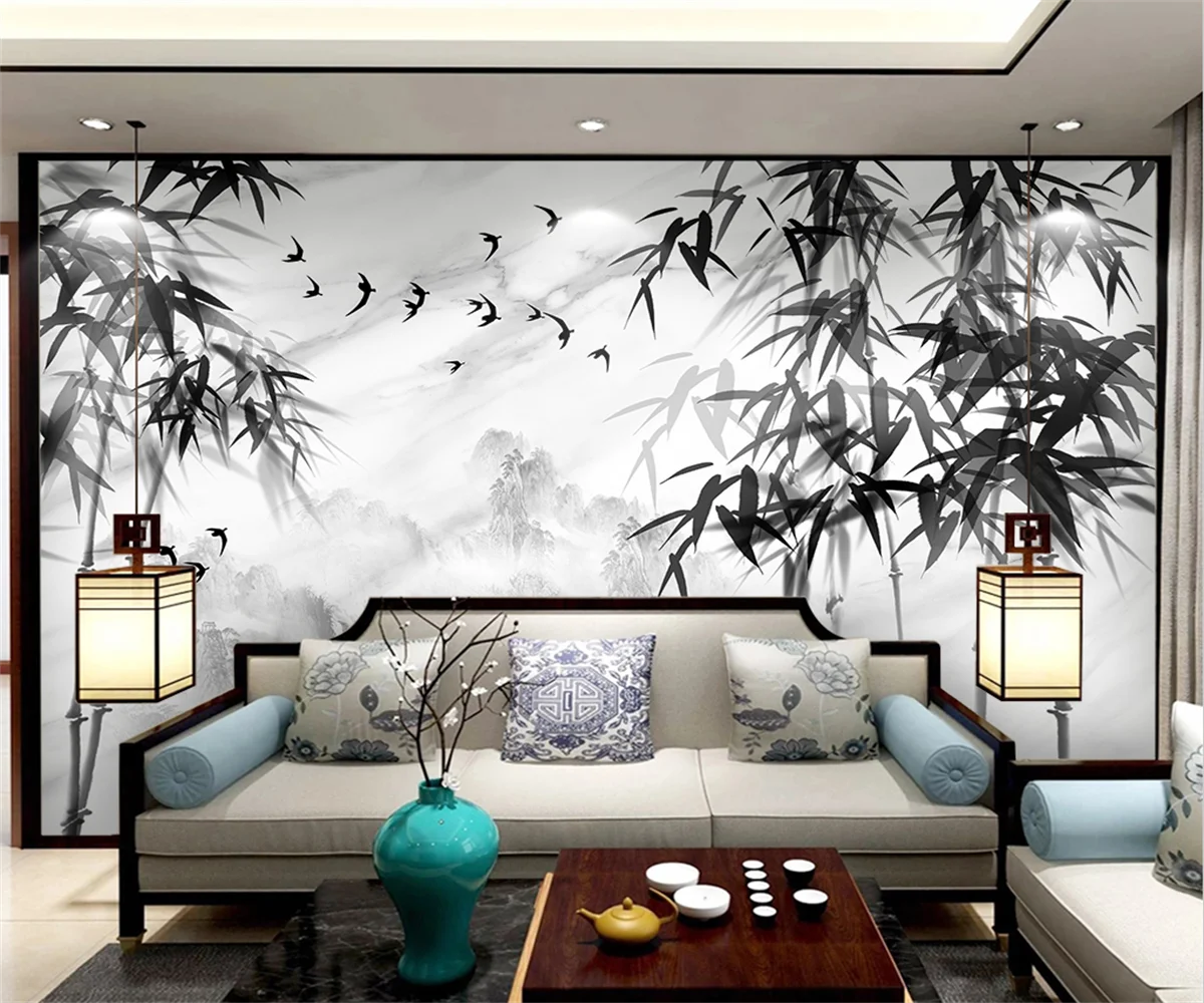 beibehang Custom Modern New papel de parede papier peint Chinese Style Marble Ink Bamboo Landscape Background Wallpaper