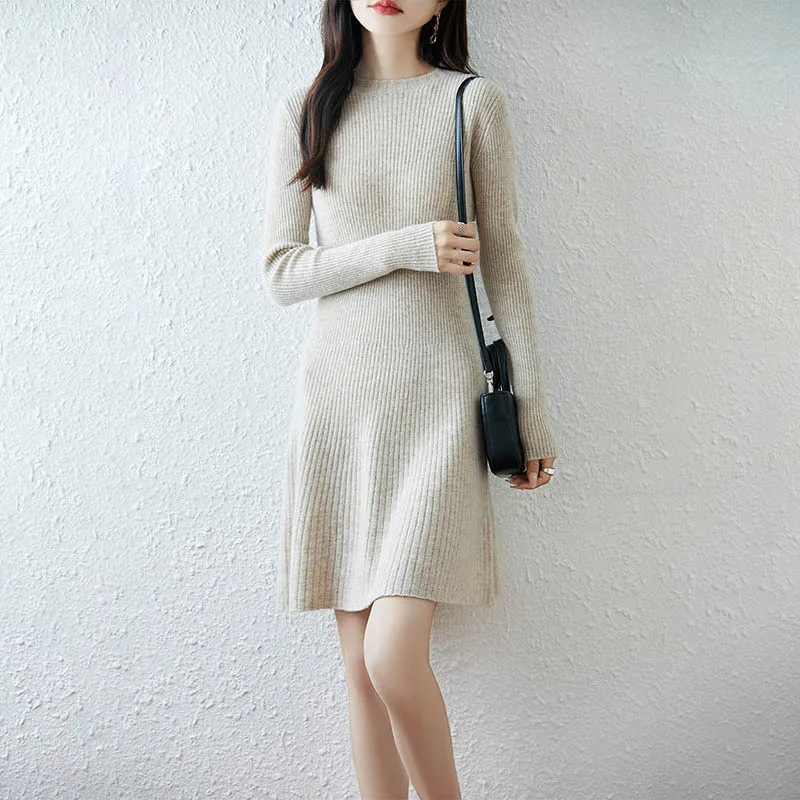 

Waist-Slimming% Wool Knitted Dress Women, Mid-Length, Autumn/Winter 2025 New Long-Sleeve Sweater A-Line Dress