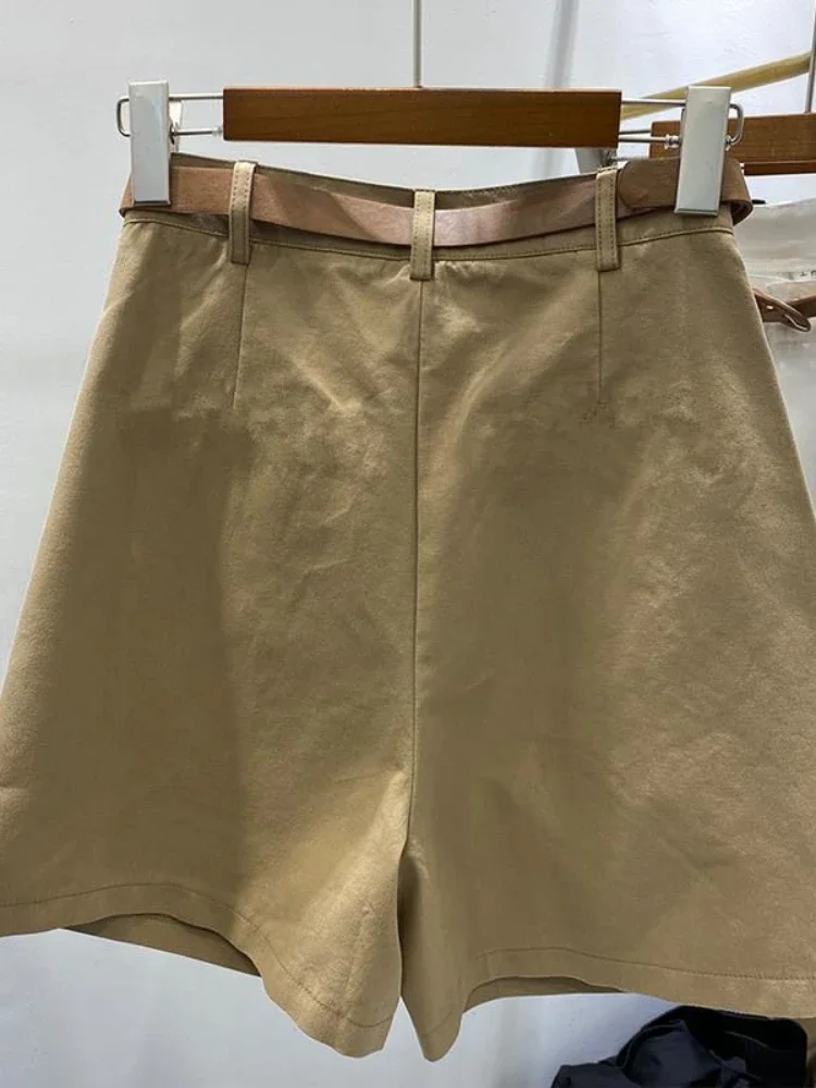 Summer Women\'s Shorts 2025 Loose Casual Cotton Short with Belt Solid Khaki Black Knee Length Wide Leg Bermuda Shorts for Women