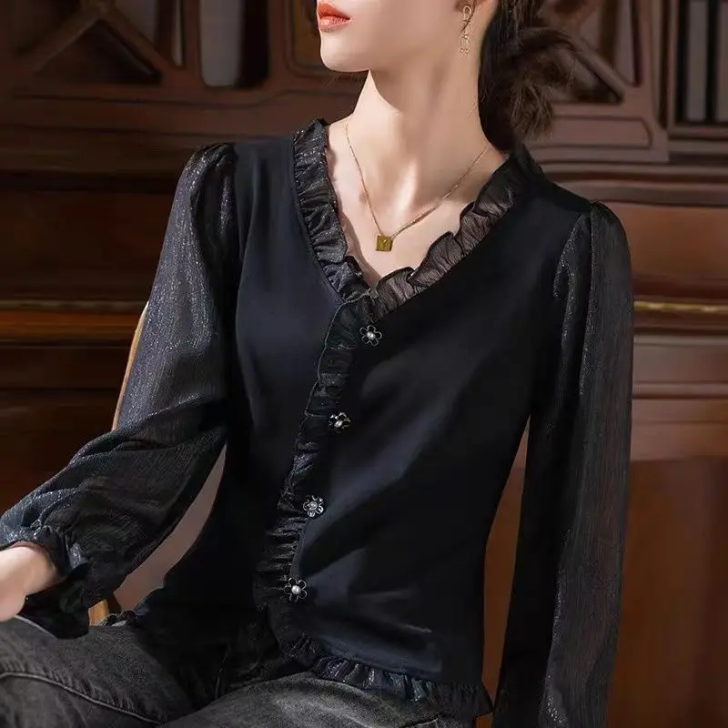 Elegant V-Neck Slim Shirt Female Clothing Solid Color Spring Autumn Long Sleeve Office Lady Stylish Ruffles Bright Silk Blouse