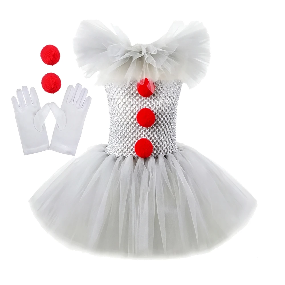 Scary Grey Clown Kids Costume Tutu Dress Halloween Cosplay Costume Gray Tulle Outfit for Carnival Trick or Treat Party