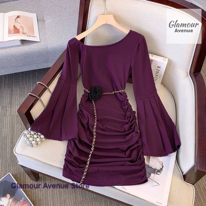 Korean purple long-sleeved dress with sloping shoulders female waist tight temperament pleated hip skirt in spring and autumn.