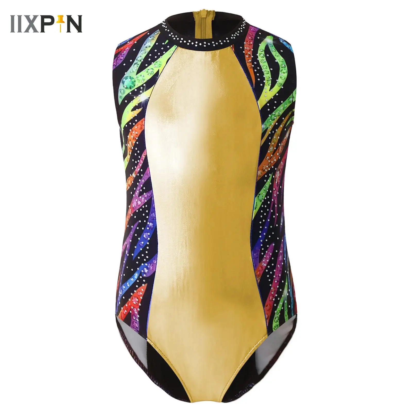 

Kids Girls Rhythmic Gymnastics Leotard Rhinestones Sleeveless Sports Yoga Workout Bodysuits Ballet Dance Class Practice Costume