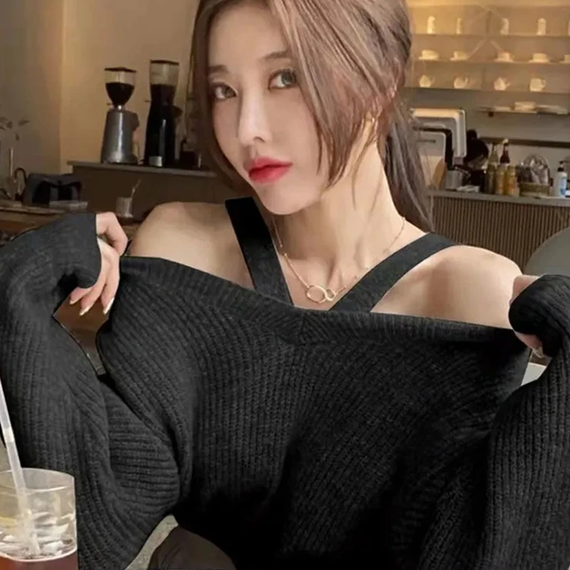 

Knitted Black Sweater Women Fashion Slash Neck Chic Korean Elegant Sexy Pullovers Autumn Casual Loose Basic Female Tops