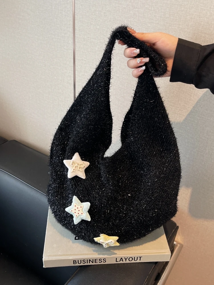 Woolen Star Large Capacity Women's Shoulder Bag Soft Surface Casual Commuting Simple Tote Bag Autumn Winter New Style
