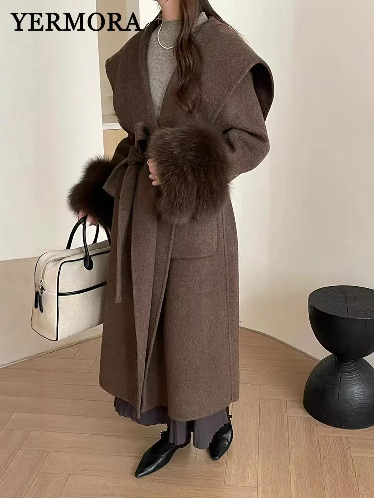 YERMORA Coffee Fox Fur Cuff Belt Warm Woolen Coat For Women Lapel Long Sleeve Loose New Overcoat Fashion Tide Autumn Winter 2026