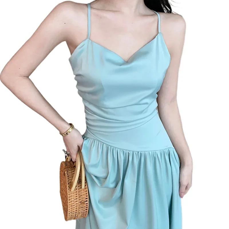 Holiday beach Beach dress Sexy backless satin chic design sense lace-up halter dress sense long dress