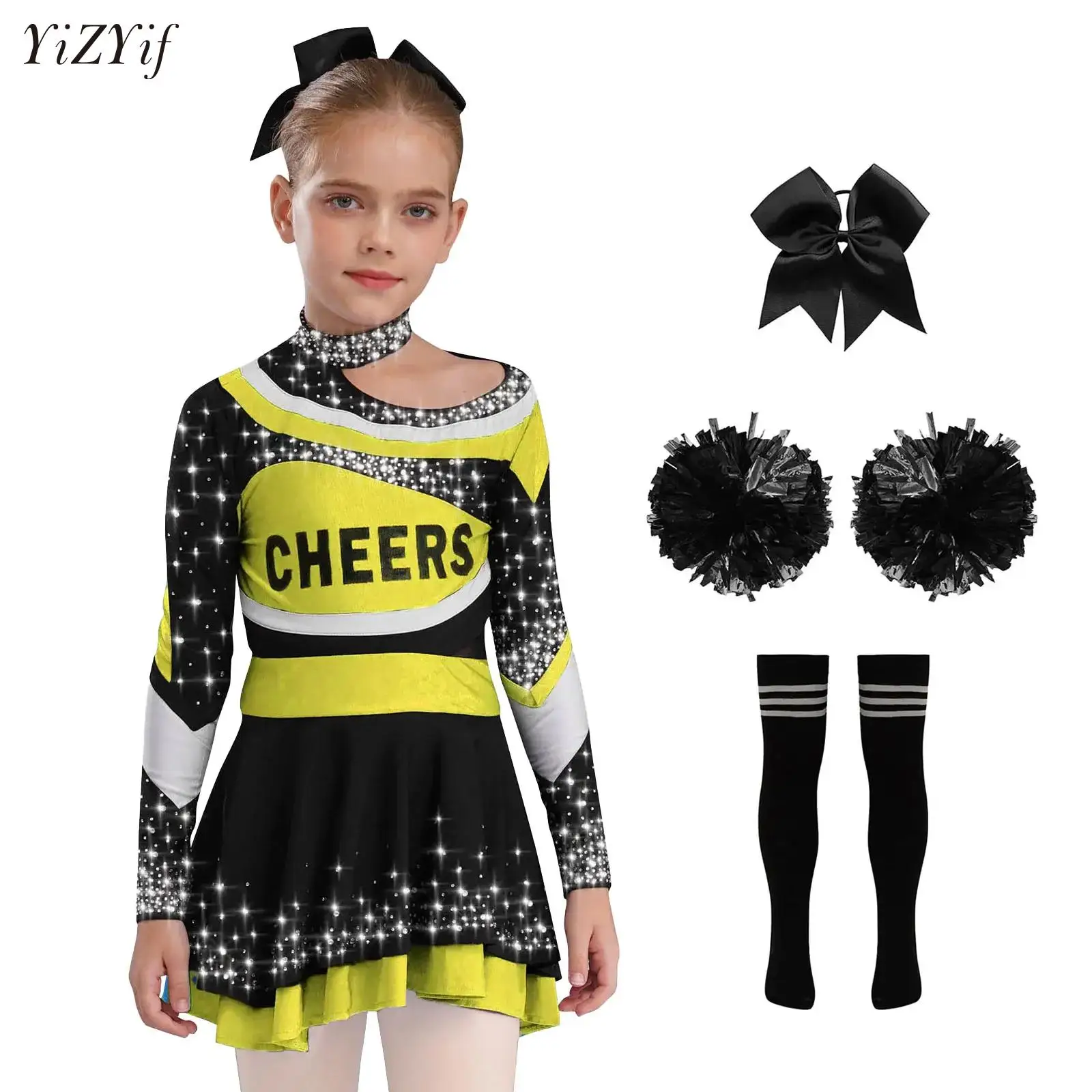 

Big Girls Cheerleading Outfits Letter Print Top+Skirt+Headwear+Socks+Flower Balls Set for Halloween Cosplay Party Performance