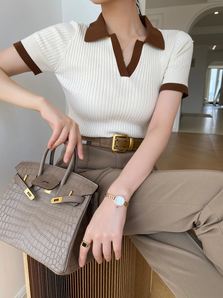 Atasan Rajut Elastis Wanita Musim Gugur Warna Blo Wol Slim Fit Kasual OL Sle