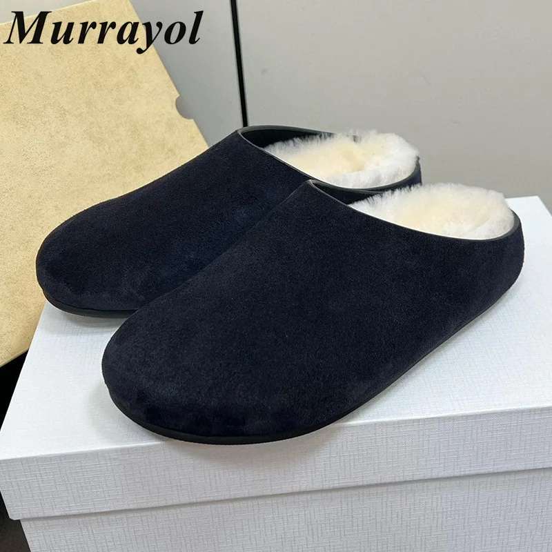 

New 2024 Cow Suede Closed Toe Thick Bottom Mules Women's Round Toe Plush Lining Slippers Spring Outdoor Warm Vacation Shoes