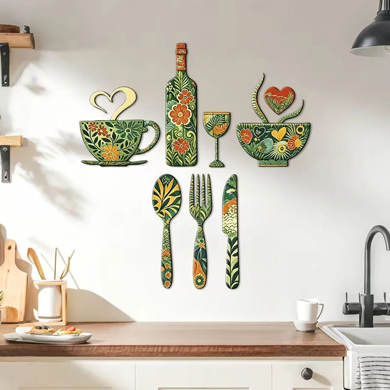 7Pcs Green Floral Kitchen Utensil Wooden Wall Decor with Double-sided Nano Tape for Dining Room