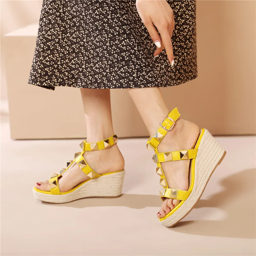 MILI-MIYA Classic Fashion Women Sheep Skin Rivet Wedges Sandals Round Toe Ankle Wrap Buckle Strap Solid Color Summer Shoes