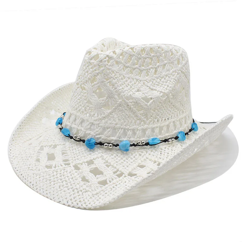 

New Hollow Handmade Straw Cowboy Hat with Blue Beads, Rolled Brim Summer Sun Protection Beach Hat