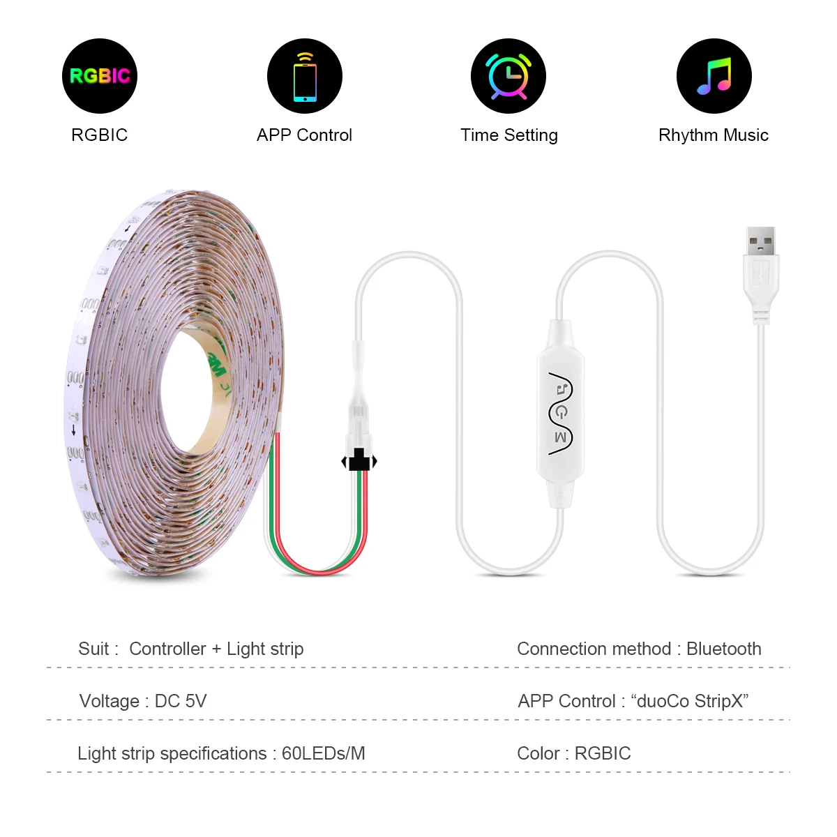 USB 5V LED Strip WS2812 Bluetooth Controller Music RGB IC Smart Addressable Pixels APP Control Dream Color Room TV Ambient Light