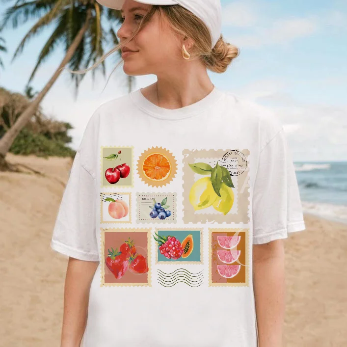 Summer Women's Fruit Stamp Pattern Cartoon Print Basic Casual Fashion Clothing Top Street White Short Sleeved Travel T-Shirt