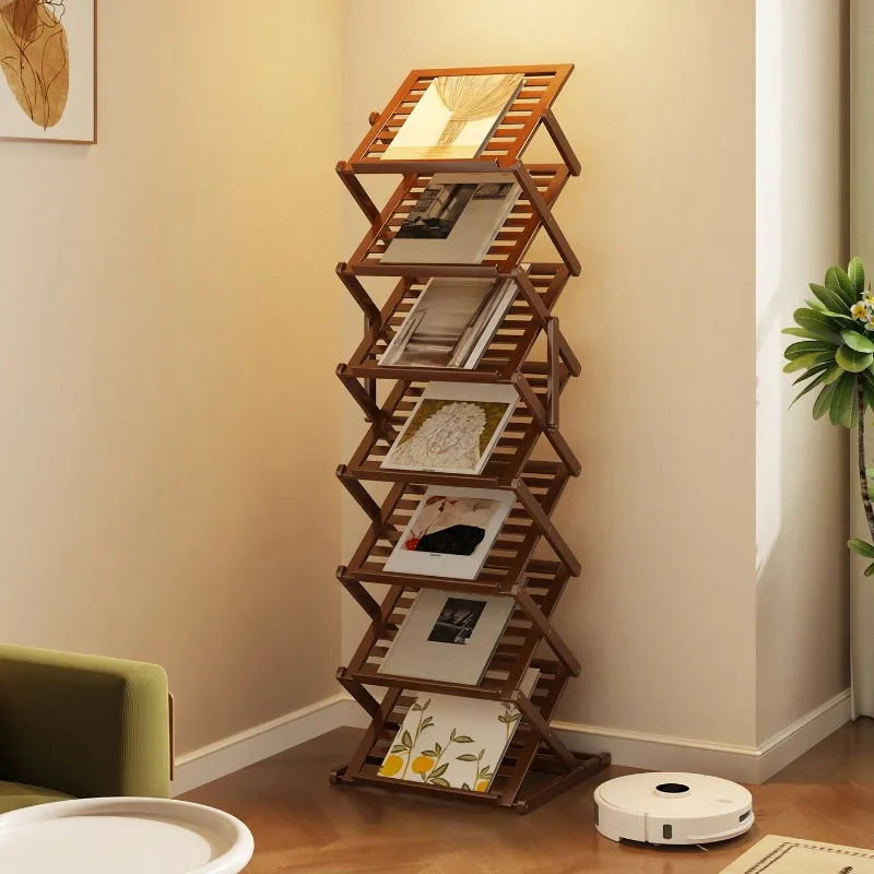 Installation-free folding newspaper information rack, book display, magazine rack storage, floor-to-ceiling exhibition bamboo
