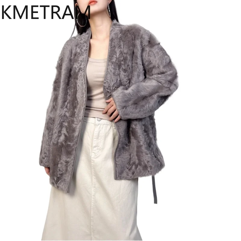 Natural Wool Sheepskin Double Faced Fur Jacket Woman Luxury Grey V-neck Real Fur Coat Women Winter Clothes 2025 шуба женская