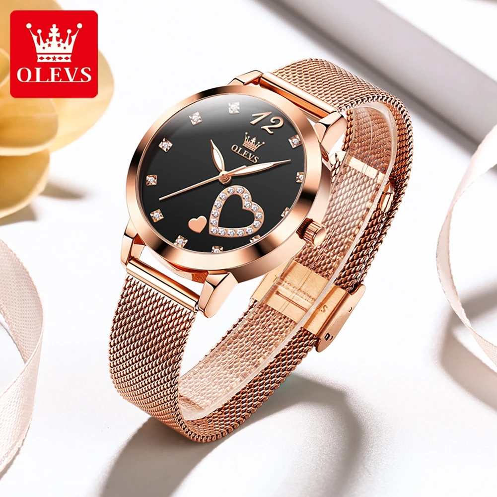 

OLEVS New 5189 Luxury Heart Diamond Quartz Watch for Women Fashion Rose Gold Mesh Steel Strap Waterproof Ladies Wristwatch Gifts