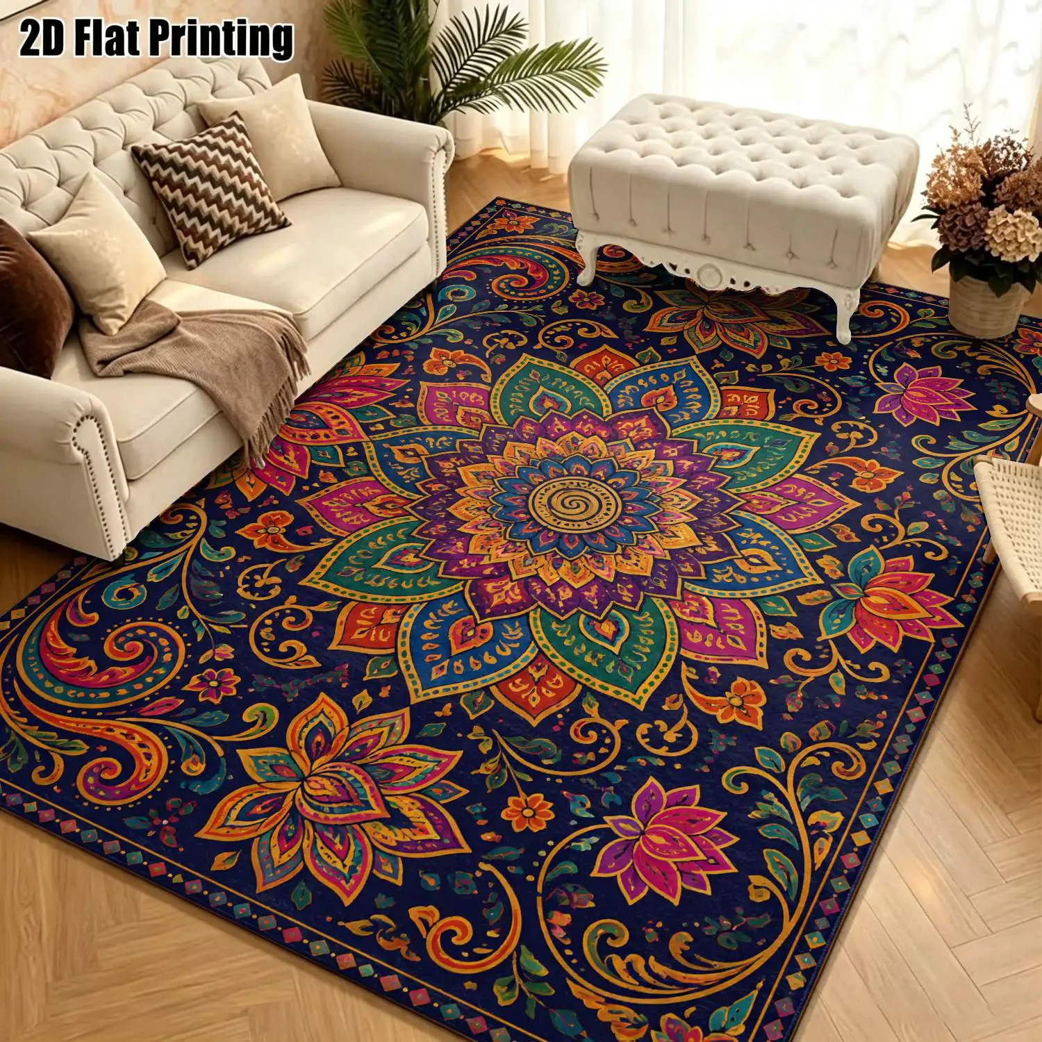 1Pc 2D Printed Carpet: Dark Blue Base, Colorful Mandala Patterns European/Bohemian/Geometric/Vintage Style, Home Decor, Multi-Size, Machine Washable, Suitable for Entrance, Dining Room, Foyer, Bedroom, Living Room.
