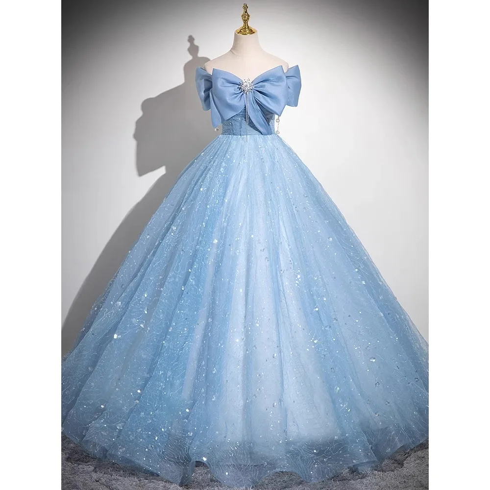 Elegant Women's Sparkling Bow Evening Dress Bule Sexy Off-Shoulder Party Birthday Dress Customized Prom Special Occasion Dresses