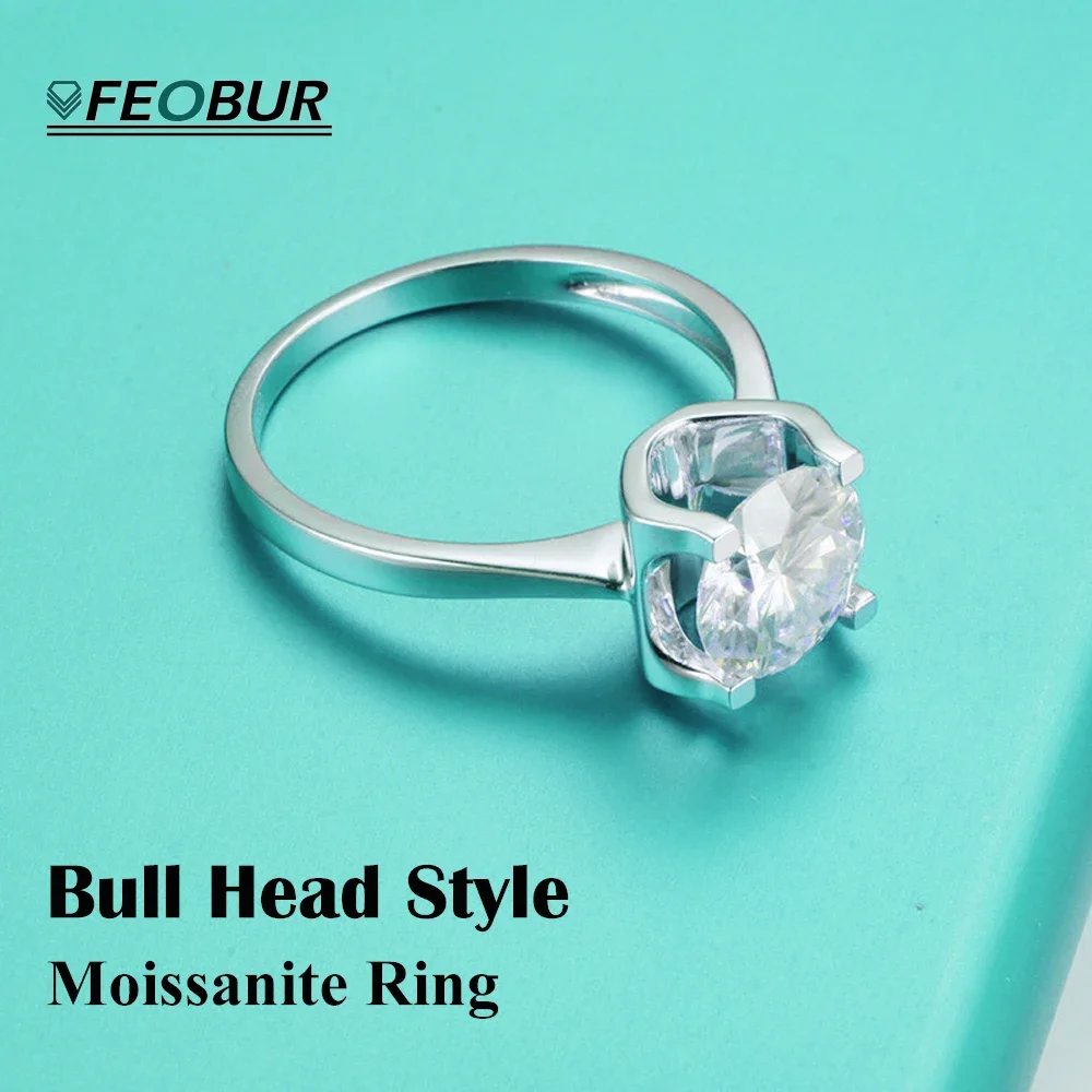 

0.5-3CT Moissanite Solitaire Ring with Certificate Classic Bull Head Wedding Band for Women 925 Sterling Silver Engagement Rings