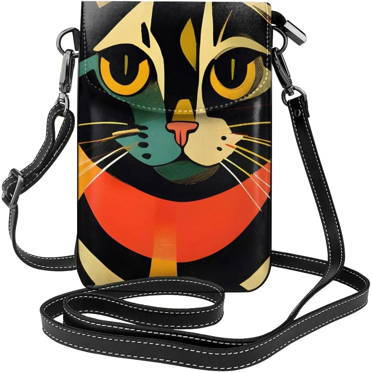 

Женский мобильный телефон середины века с принтом современного искусства кота, кожаной крайней плоти, откидной чехол через плечо, небольшое регулируемое плечо