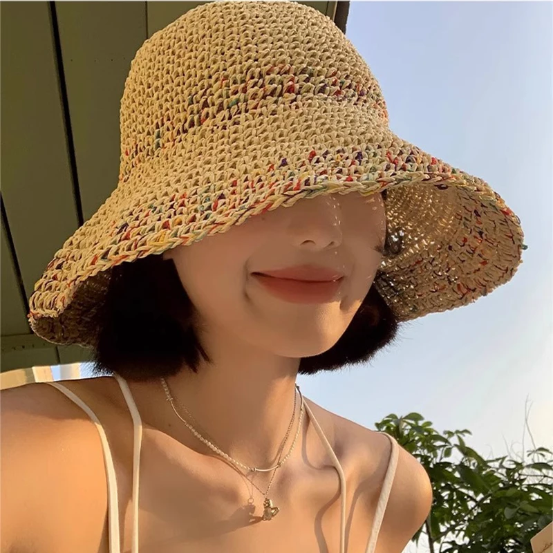 Rainbow Straw Sun Hat for Women Large Brim Colorful Splicing Braided Bucket Hat Summer Shade Seaside Vacation Foldable Beach Cap