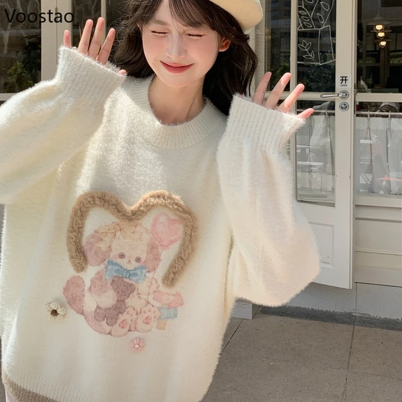 

Осень-зима Kawaii стиль Лолита вязаные пуловеры женские Harajuku свитер с рисунком кролика топы японский милый свободный трикотаж пальто