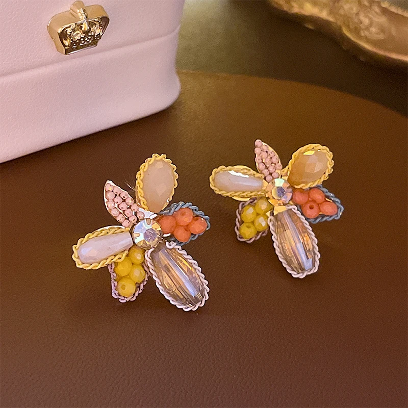 Sparkly Full Rhinestone Crystal Earrings Colorful Flowers Stud Earrings For Women Fashion Exquisite Party Wedding Ear Jewelry