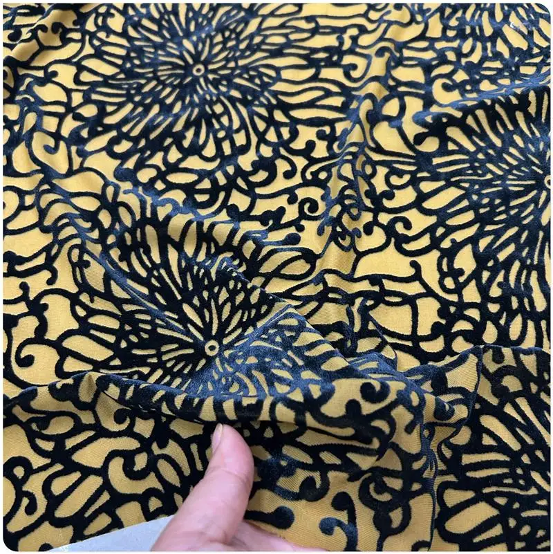 

High Elastic Plant Flower Yellow Bottom Etched-Out Velvet Hollow Pleuche Cloth Cheongsam Dress Dancing Dress Fabric