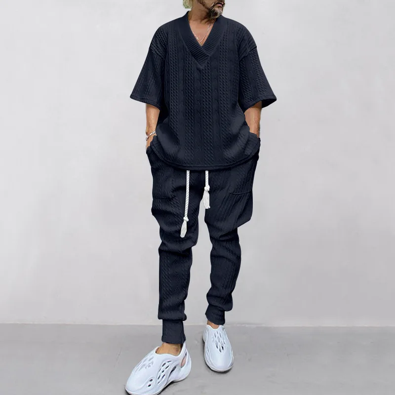 2026 Spring New Style European Casual Loose Seven-Sleeved Jacquard Knitted Shirt-Pants Men's Set