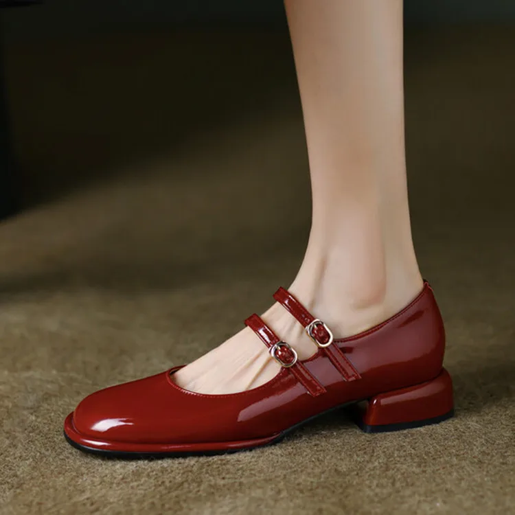 

New2022 Wine Red Patent Leather Women Flats Shallow Square Toe Double Strap Ballerine Shoes Classical Black Work Espadrilles