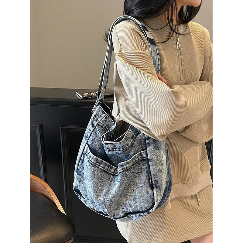 

Универсальная японская джинсовая сумка в стиле ретро, мужская большая вместительная простая сумка через плечо, женская студенческая сумка