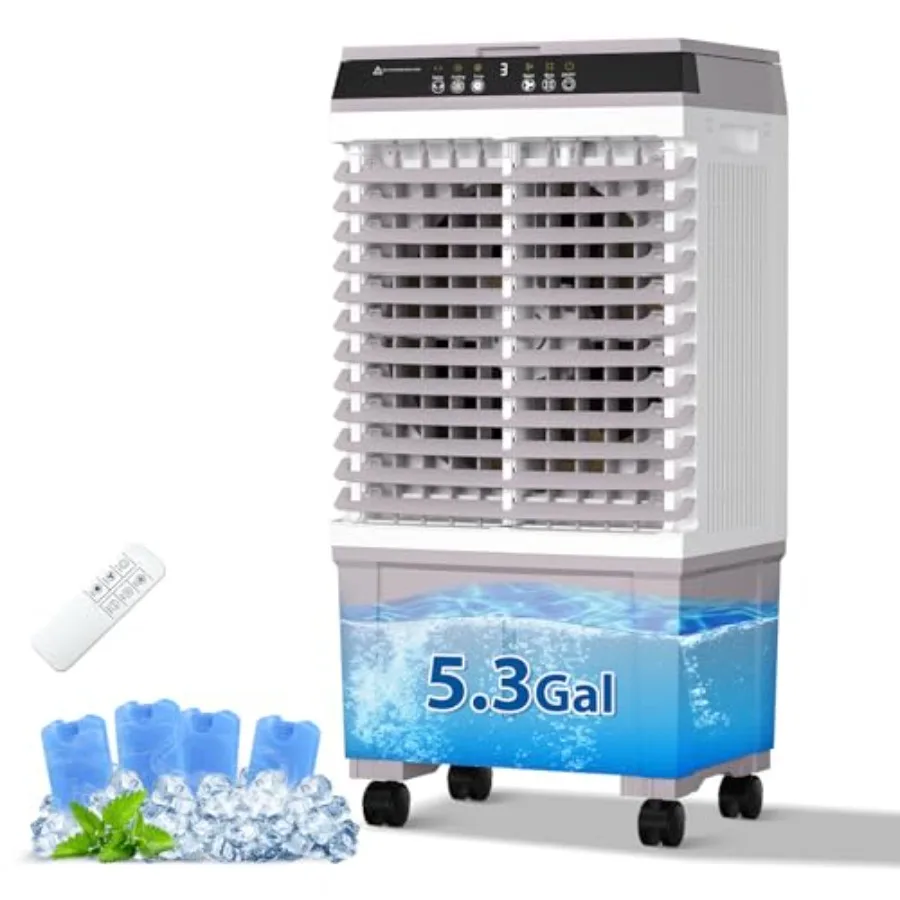 

Портативный испарительный воздухоохладитель 1800 куб. футов в минуту с резервуаром для воды на 5,2 галлона, 4 пакетиками льда, 12 часов, таймер, пульт дистанционного управления для внутреннего патио, белый