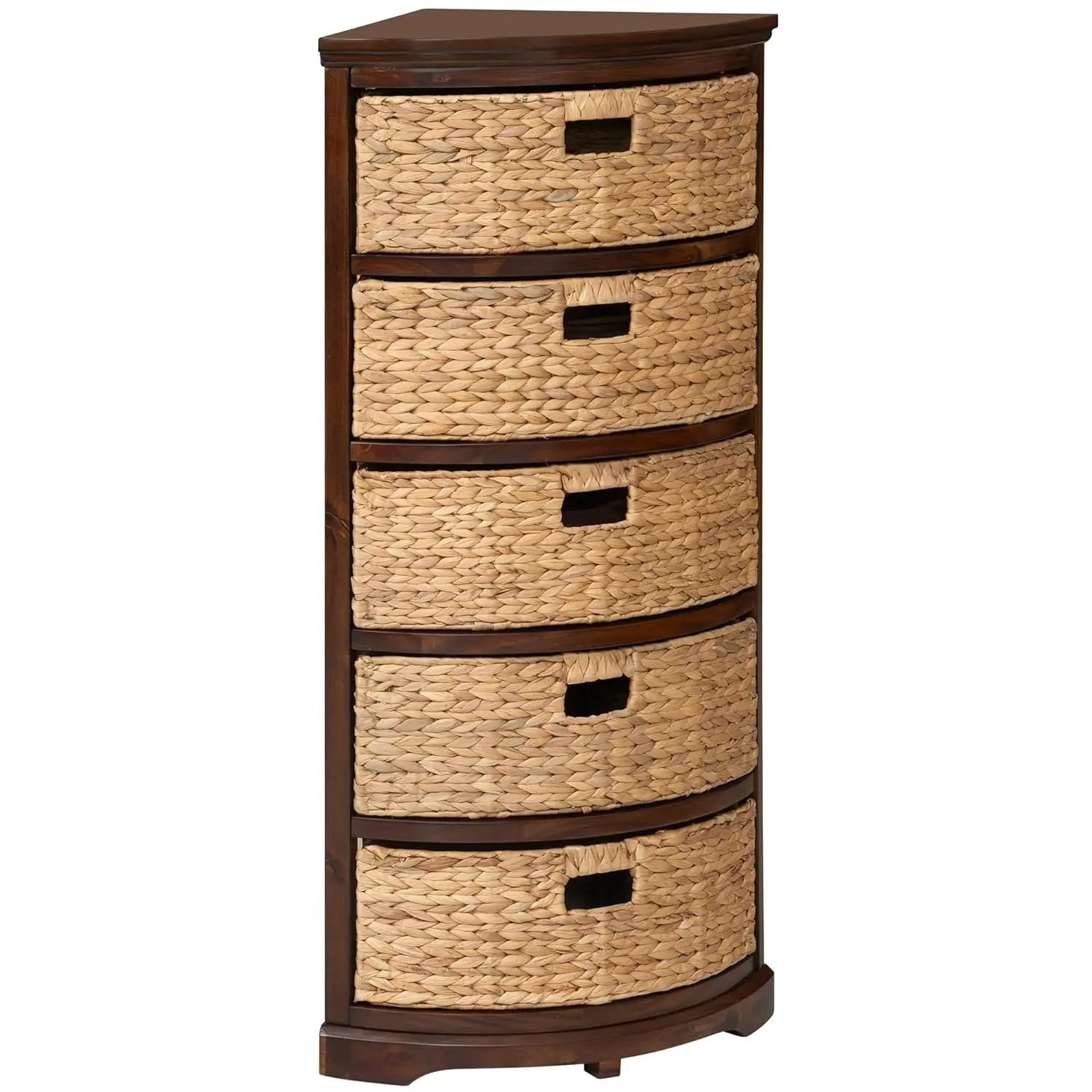 

5 Tier X-Side Corner Storage Cabinet with Wicker Baskets for Bathroom Kitchen Hallway Walnut Finish, Custom