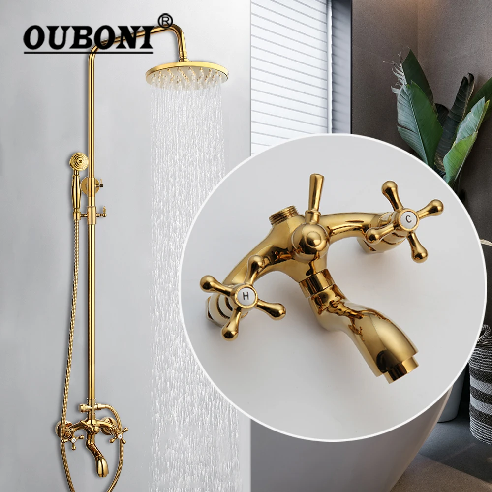 OUBONI Golden Plated Shower Faucet Aerator Nozzle High Pressure Rain Shower Head Solid Brass 2 Handles Mixer Bathtub Shower Set