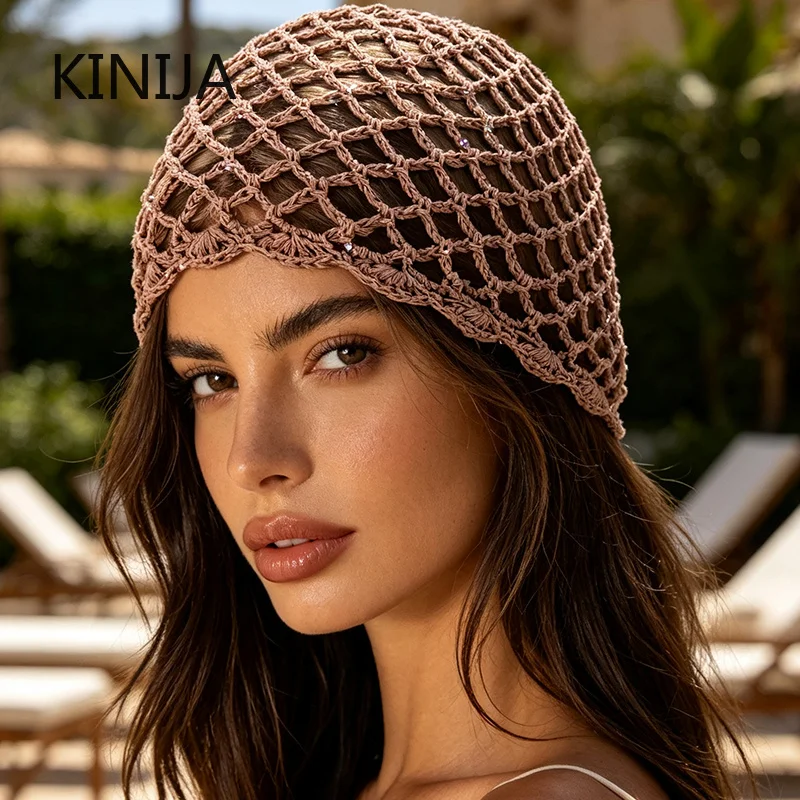 Fashion Hollow Weave Knitted Hat Openwork Solid Color Pullover Hat Breathable Mesh Hat Spring Summer Beret Cap  Retro Beanies