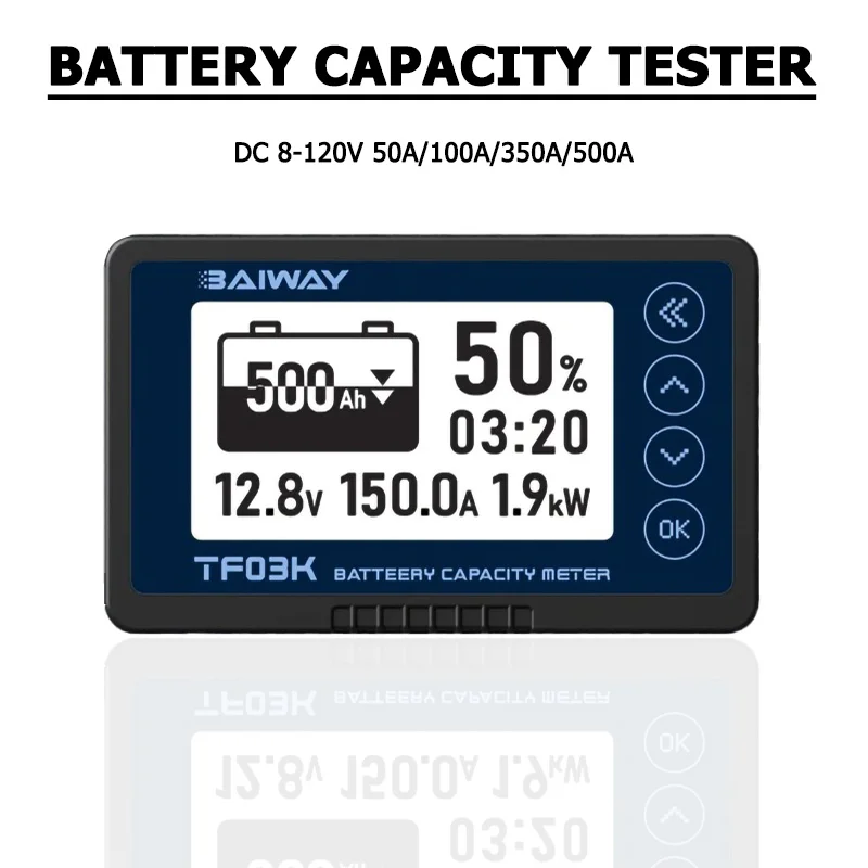 

TF03K Coulomb Meter DC 8-120V 50A/100A/350A/500A Voltage Current Display Battery Monitor Capacity Tester for Electric Car/RV