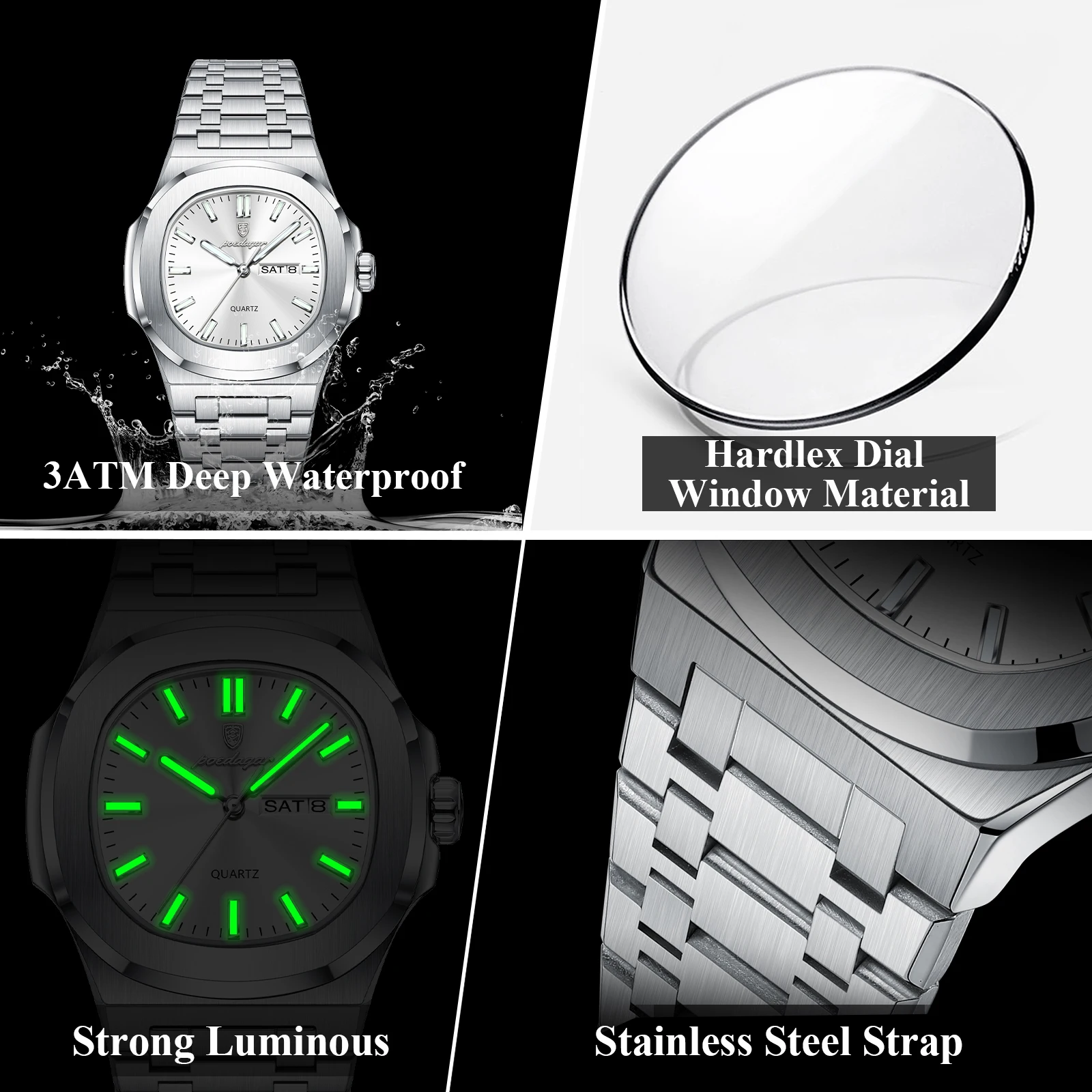 POEDAGAR Trendy Square Men's Watches Waterproof Luminous Date Week Man Clock Stainless Steel Exquisite Quartz Men Wristwatch+Box